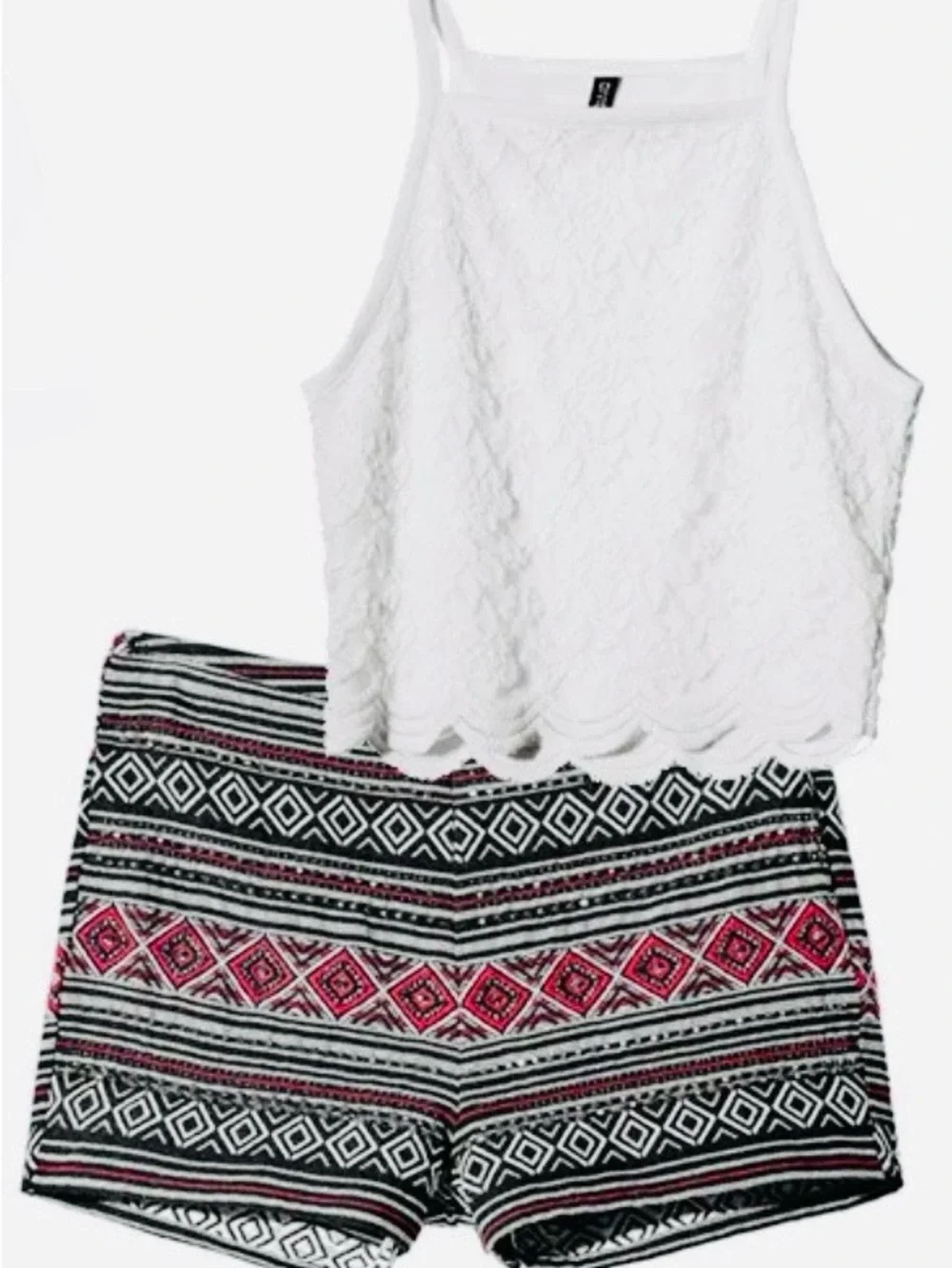 Divided H&M White Black & Red Geometric Print Shorts with Silver Beads
